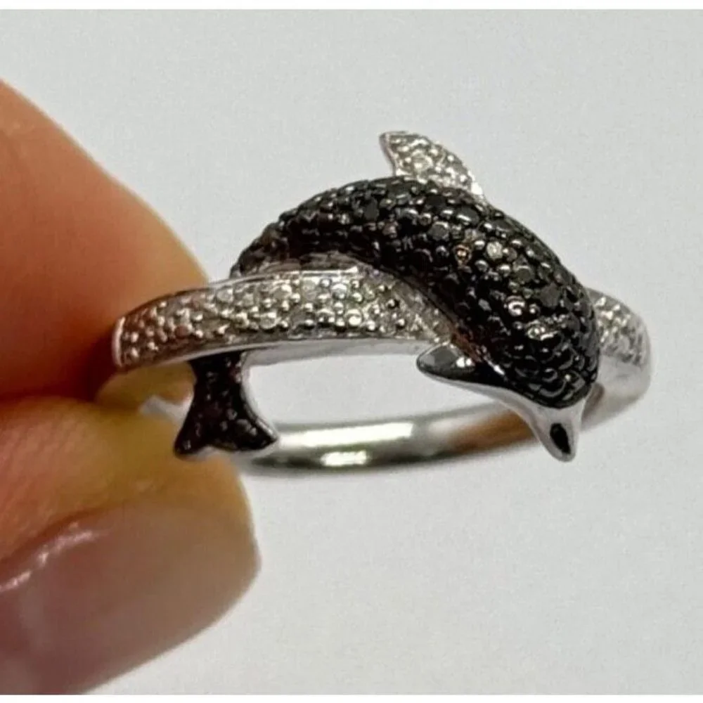 925 STERLING SILVER MARCASITE & CZ DOLPHIN RING SIZE 6